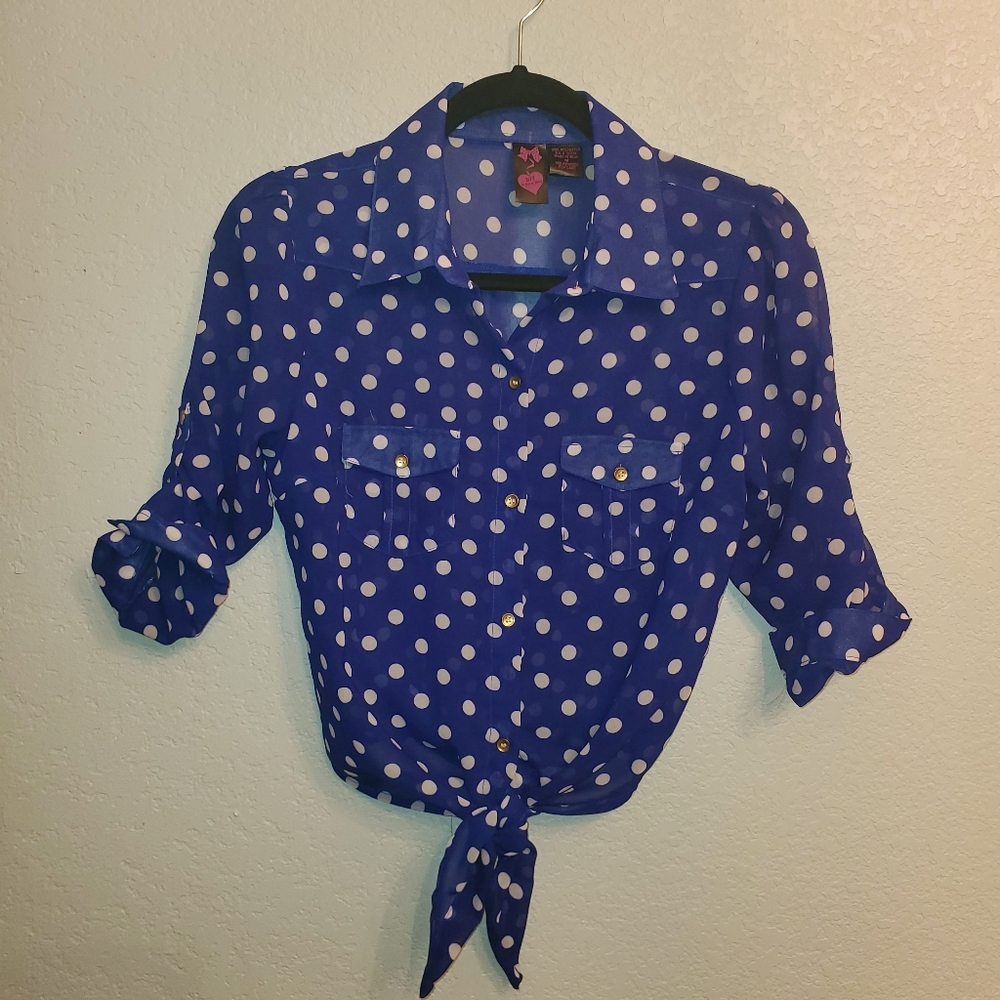 BFF Blue with white Polka-dot tie front top